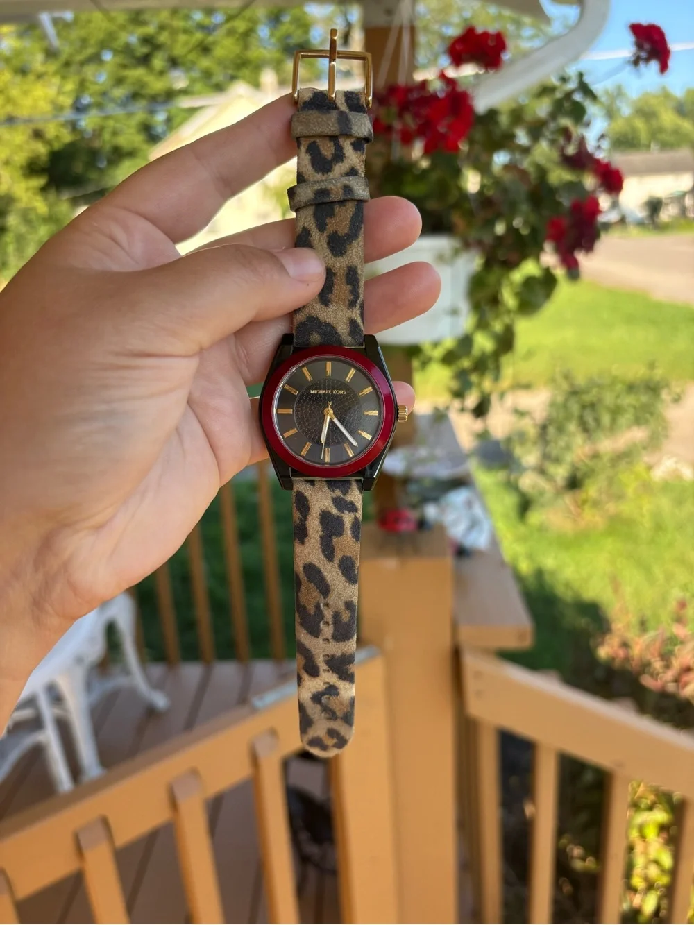 Michael Kors Leopard Print Suede Strap Watch with Red Bezel